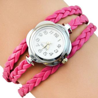 Sanwood Women's Flower Case 3 Layers Braided Wrist Watch Rose-Red (Intl)  