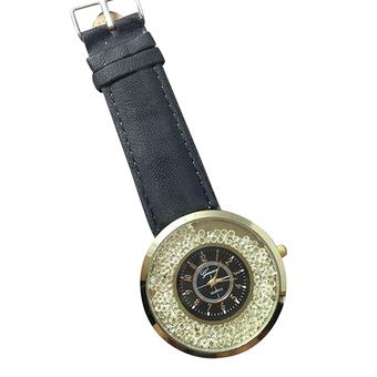 Sanwood Women's Flowing Rhinestone Faux Leather Band Black Wrist Watch  