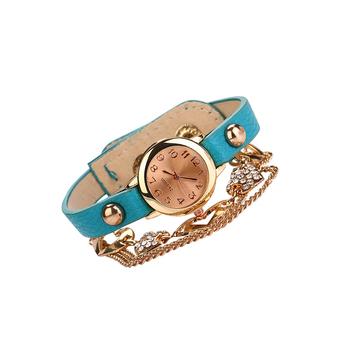 Sanwood Women's Girl's Crystal Heart Charm Chain Bracelet Wrist Watch Lake Blue  