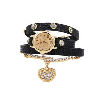 Sanwood Women's Heart Charm Litchi Faux Leather Bracelet Watch Black (Intl)  