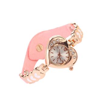 Sanwood Women's Heart Faux Suede Bracelet Analog Quartz Wrist Watch Pink  