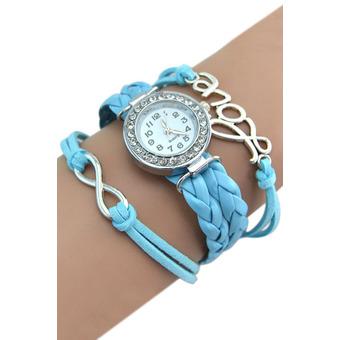 Sanwood Women's Leather Band Bracelet Watch Words Decor Charm Bangle Wristwatch Light Blue  