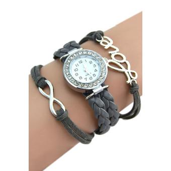 Sanwood Women's Leather Band Bracelet Watch Words Decor Charm Bangle Wristwatch Grey  