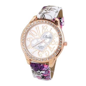 Sanwood Women's Love Heart Rhinestone Flower Printed Band Quartz Watch Purple  