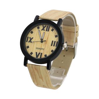 Sanwood Women's Men's Grain Bronze Roman Numerals Faux Leather Wrist Watch Beige  