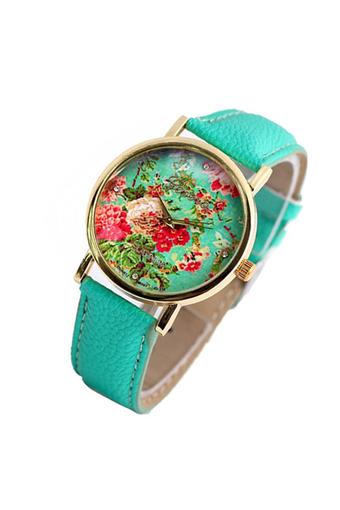 Sanwood Women's Mint Green Leather Strap Watch Rose Flower Dress  