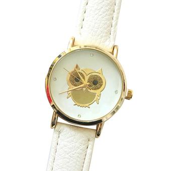 Sanwood Women's Owl Golden Tone White Faux Leather Quartz Analog Wrist Watch  