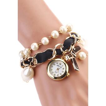 Sanwood Women's Pearl Bowknot Decor Leather Analog Quartz Wrist Watch Black  