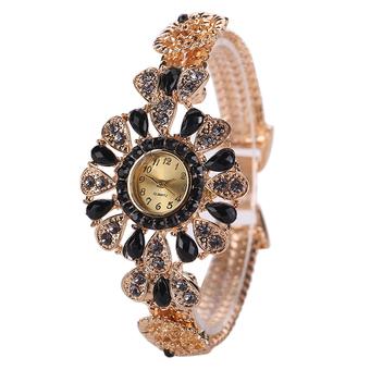 Sanwood Women's Quartz Colored Rhinestones Flower Alloy Bracelet Watch Black  