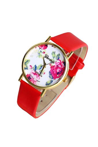 Sanwood Women's Red Leather Strap Watch Rose Flower Dress  