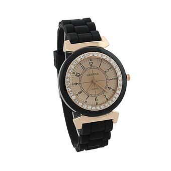 Sanwood Women's Retro Crystal Black Silicone Strap Quartz Wrist Watch  