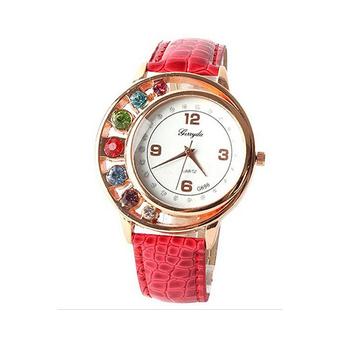 Sanwood Women's Rhinestone Faux Leather Quartz Wrist Watch Red  