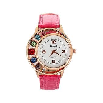 Sanwood Women's Rhinestone Faux Leather Quartz Wrist Watch Rose Red  