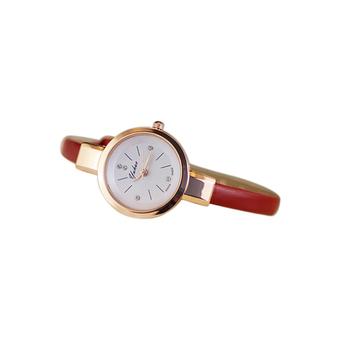 Sanwood Women's Rhinestone Faux Leather Thin Strap Quartz Analog Wrist Watch Red  