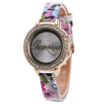 Sanwood Women's Rhinestone Pink Flower Faux Leather Strap Quartz Watch (Intl)  