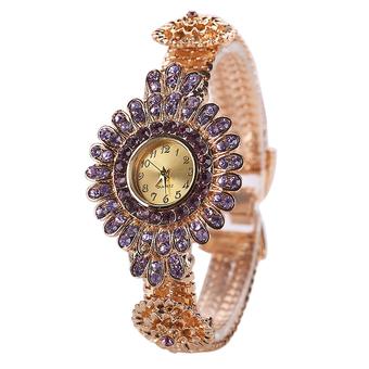 Sanwood Women's Rhinestone Round Flower Alloy Bangle Watch Purple  