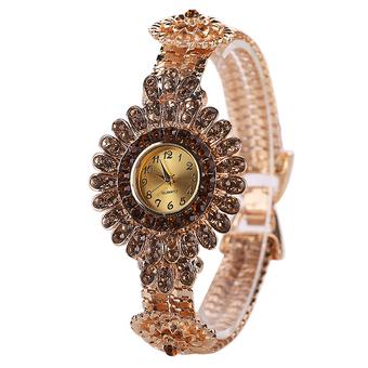 Sanwood Women's Rhinestone Round Flower Alloy Bangle Watch Brown  