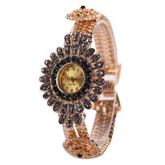 Sanwood Women's Rhinestone Round Flower Alloy Bangle Watch Black  