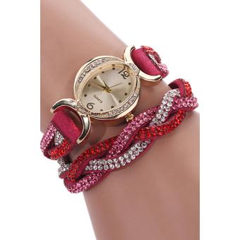 Sanwood Women's Rhinestone Wrap Faux Suede Quartz Bracelet Wrist Watch Rose-Red  