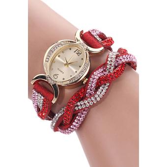 Sanwood Women's Rhinestone Wrap Faux Suede Quartz Bracelet Wrist Watch Red  