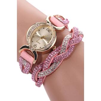 Sanwood Women's Rhinestone Wrap Faux Suede Quartz Bracelet Wrist Watch Pink  