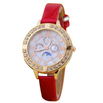 Sanwood Women's Roman Numbers Fine Faux Leather Quartz Wrist Watch Gift Red - Intl  