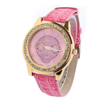 Sanwood Women's Roman Numerals Faux Leather Rhinestone Quartz Watch Pink  