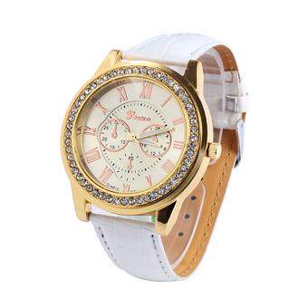 Sanwood Women's Roman Numerals Faux Leather Rhinestone Quartz Watch White  