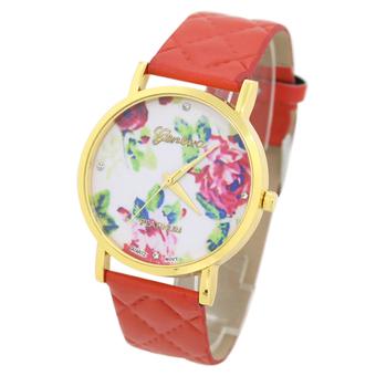 Sanwood Women's Rose Flower Dial Faux Leather Strap Wrist Watch Red  