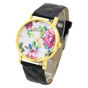 Sanwood Women's Rose Flower Dial Faux Leather Strap Wrist Watch Black  