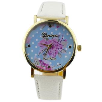 Sanwood Women's Rose Flower Dots Faux Leather Quartz Analog Wrist Watch White  