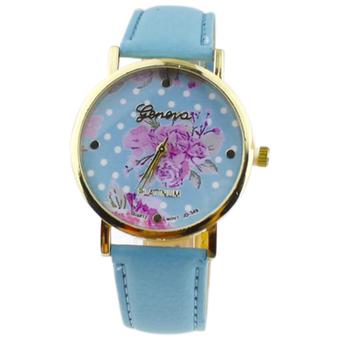 Sanwood Women's Rose Flower Dots Faux Leather Quartz Analog Wrist Watch Light Blue  