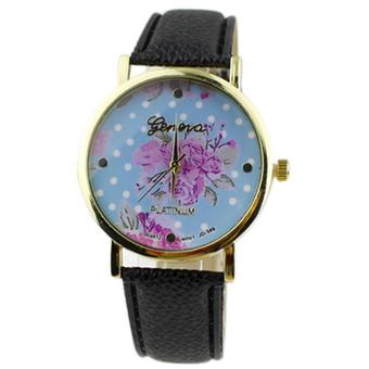 Sanwood Women's Rose Flower Dots Faux Leather Quartz Analog Wrist Watch Black  