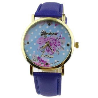 Sanwood Women's Rose Flower Dots Faux Leather Quartz Analog Wrist Watch Dark Blue  