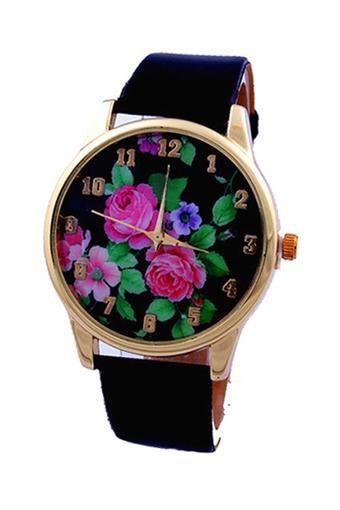 Sanwood Women's Rose Flower Faux Leather Watch Black  