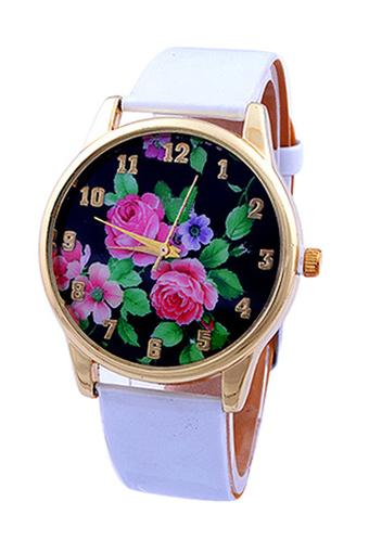 Sanwood Women's Rose Flower Faux Leather Watch White  