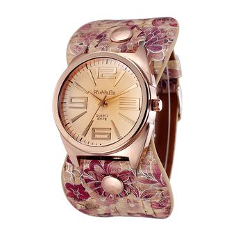 Sanwood Women's Rose Golden Floral Faux Leather Wide Band Quartz Wrist Watch Style 1  