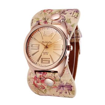 Sanwood Women's Rose Golden Floral Faux Leather Wide Band Quartz Wrist Watch Style 2  