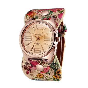 Sanwood Women's Rose Golden Floral Faux Leather Wide Band Quartz Wrist Watch Style 3  