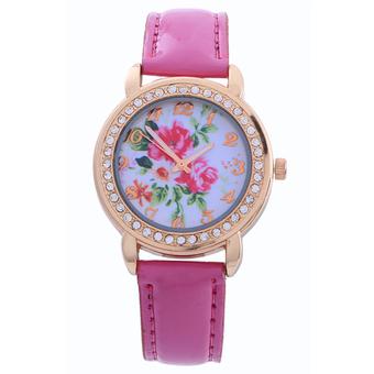 Sanwood Women's Rose Print Dial Faux Leather Quartz Wrist Watch Rose-Red  