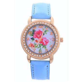 Sanwood Women's Rose Print Dial Faux Leather Quartz Wrist Watch Light Blue  