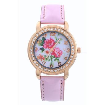 Sanwood Women's Rose Print Dial Faux Leather Quartz Wrist Watch Pink  