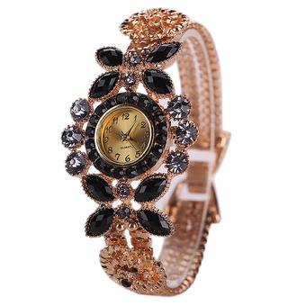 Sanwood Women's Shiny Rhinestone Bracelet Flower Style Wrist Watch Black  