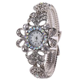 Sanwood Women's Silver Plated Flower Rhinestone Quartz Wrist Watch White  