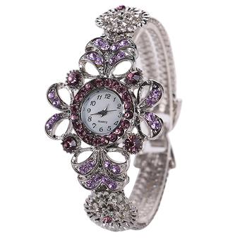 Sanwood Women's Silver Plated Flower Rhinestone Quartz Wrist Watch Purple  