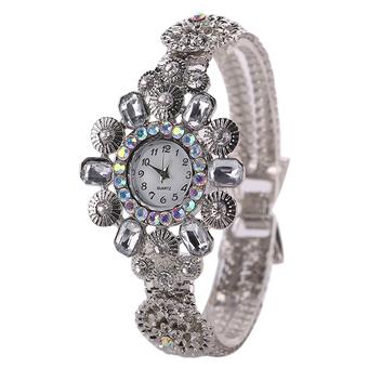 Sanwood Women's Silver Watchband Rhinestone Flower Shape Wrist Watch White  