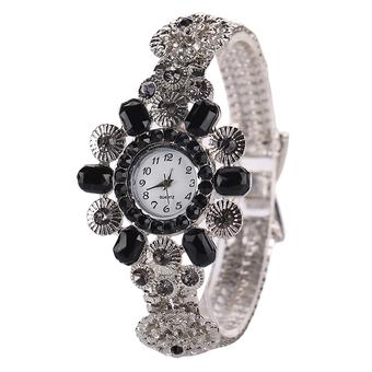 Sanwood Women's Silver Watchband Rhinestone Flower Shape Wrist Watch Black  