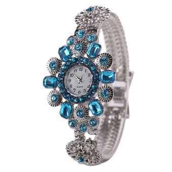 Sanwood Women's Silver Watchband Rhinestone Flower Shape Wrist Watch Sky Blue  