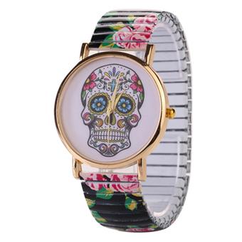 Sanwood Women's Skull Rose Flower Elastic Band Dress Wrist Watch Black  