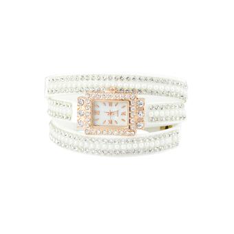 Sanwood Women's Square Faux Pearls Rhinestone Wrap Suede Quartz Wrist Watch White  